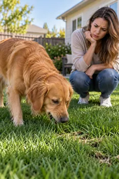 A dog eating grass outdoors
