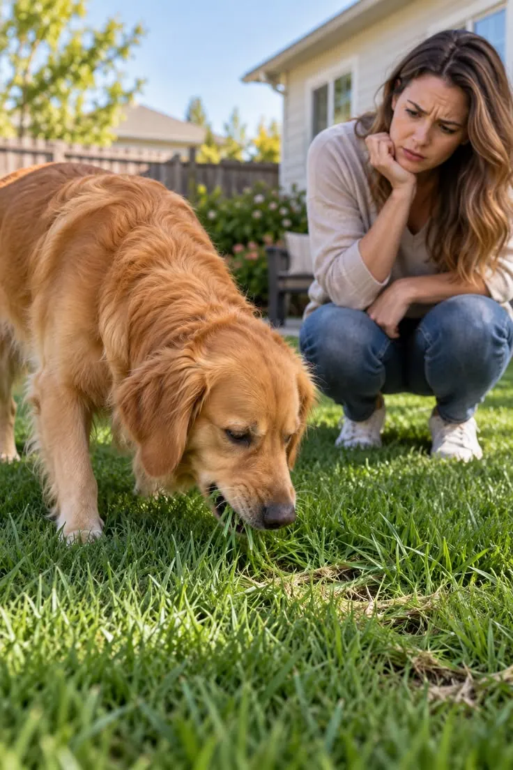 Eine Frau hockt im Garten und beobachtet nachdenklich ihren Golden Retriever, der Gras frisst