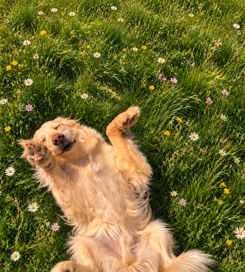 Ein Golden Retriever wälzt sich glücklich in einer Blumenwiese