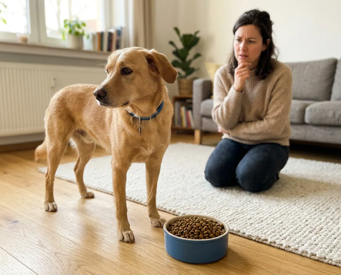 Ein gesund wirkender Hund wendet sich von seinem vollen Futternapf ab, seine Halterin schaut nachdenklich zu